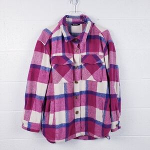 Member's Mark Plaid Button Front Shacket Pink Flannel Pockets Women's Size Large